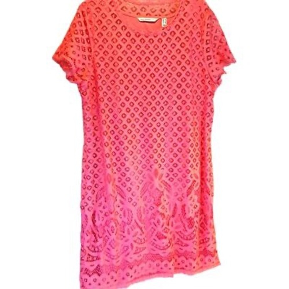 Isaac Mizrahi Live!‎ QVC Pink Lace Short Sleeve Shift Dress Scalloped Hem L
